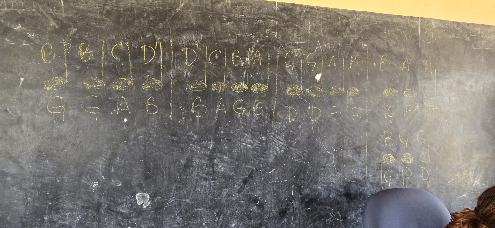Recorder fingering and note chart drawn in yellow chalk on a classroom blackboard.