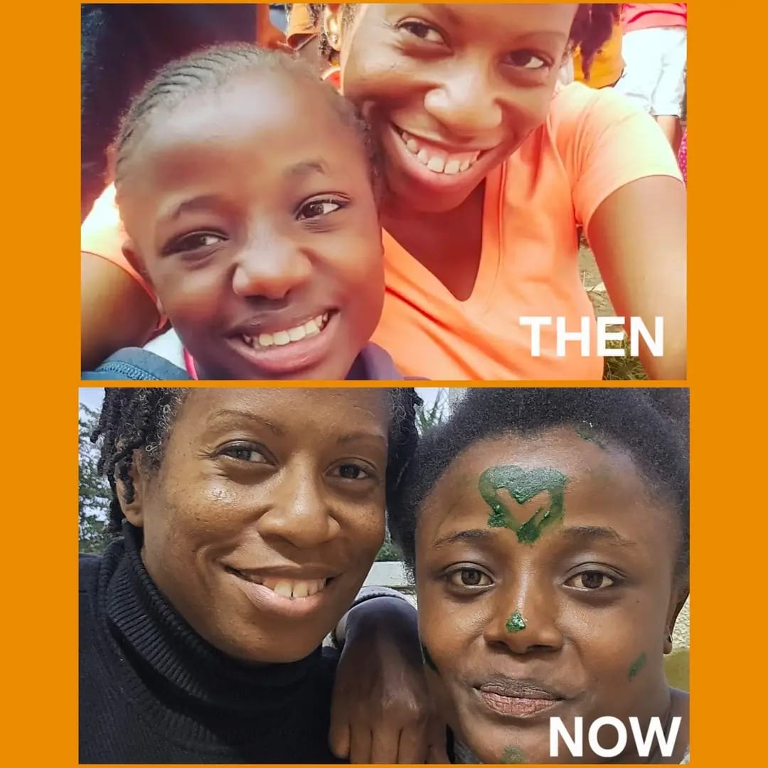 Then-and-now collage of Kennesha and Leah smiling together during two visits years apart at Happy Life in Juja Farm.