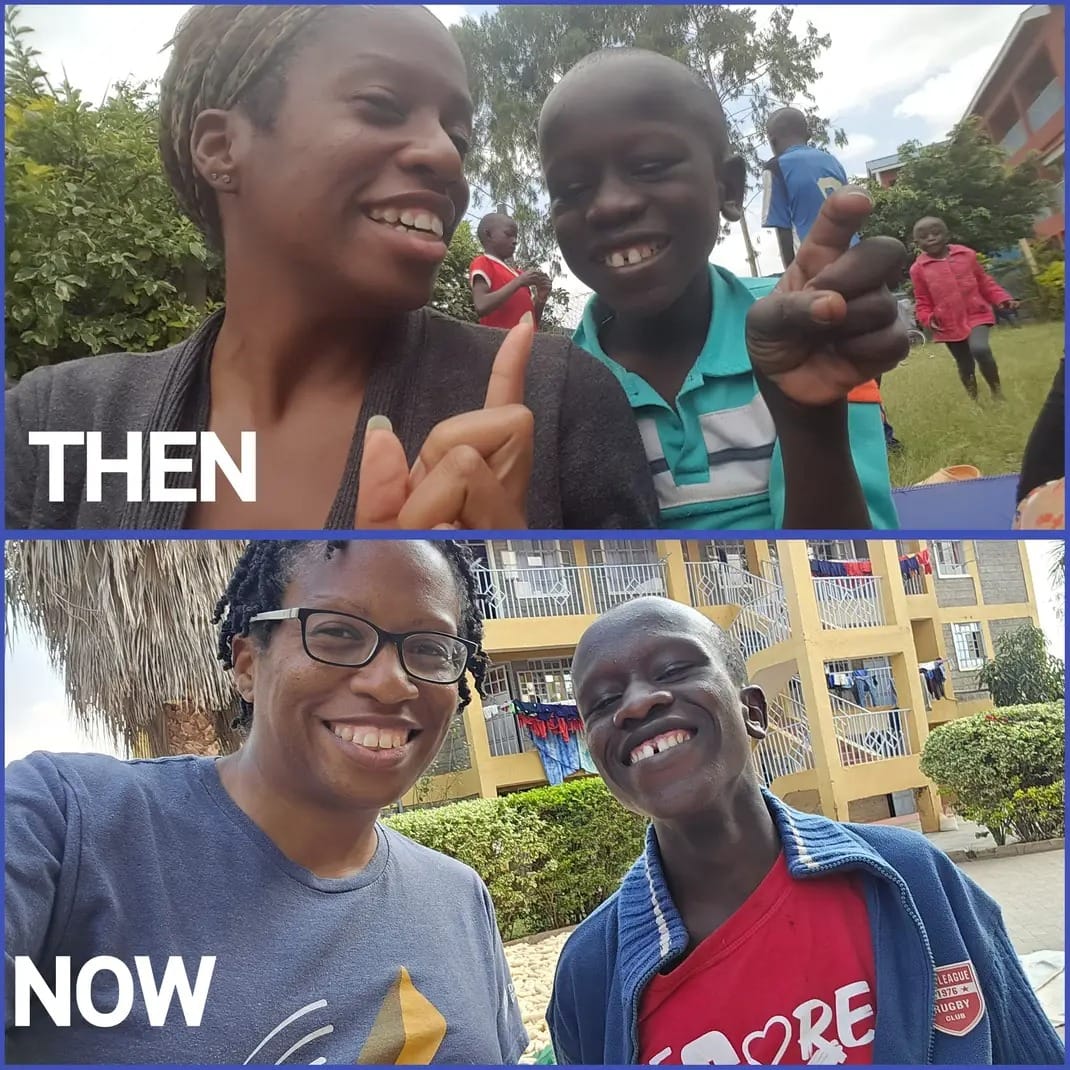 Then-and-now collage of Kennesha and Edwin smiling together during two visits years apart at Happy Life in Juja Farm.
