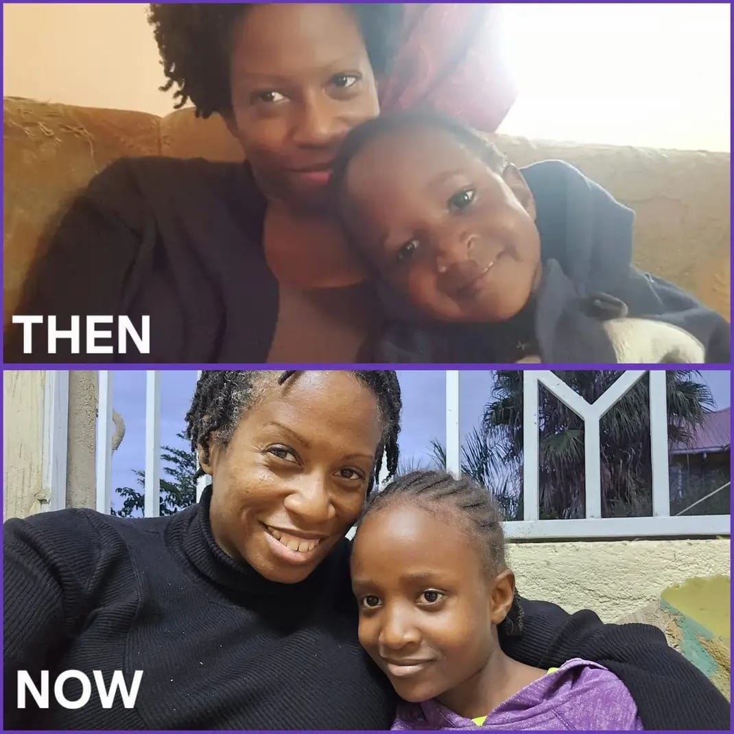 Then-and-now collage of Kennesha and Hadassah sitting closely together during two visits years apart at Happy Life in Juja Farm.
